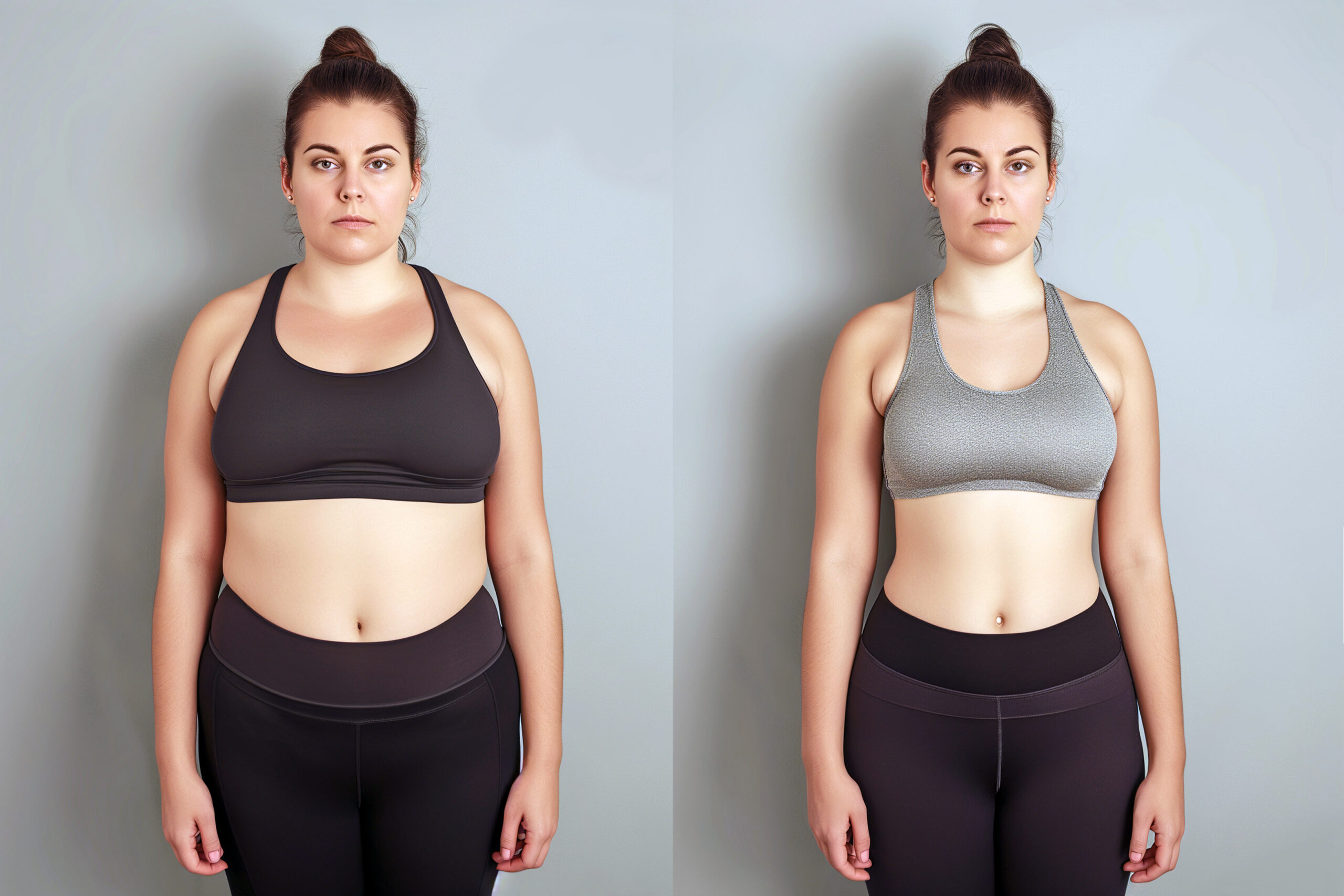 Woman posing before and after weight loss. Diet and healthy nutrition. Fitness results, get fit. Liposuction results, plastic surgery. Transformation from fat to athlete. Overweight and slim, training